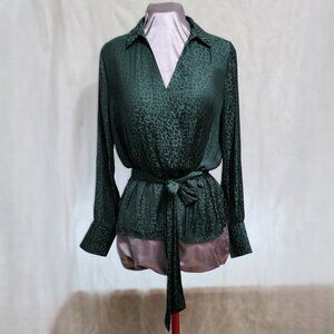 Jade Green Cheetah Print Blouse with Ribbon Waistline